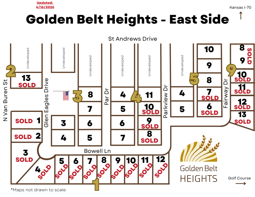 Golden Belt Heights East Side subdivision map showing lot layout, street names, and which lots are sold.